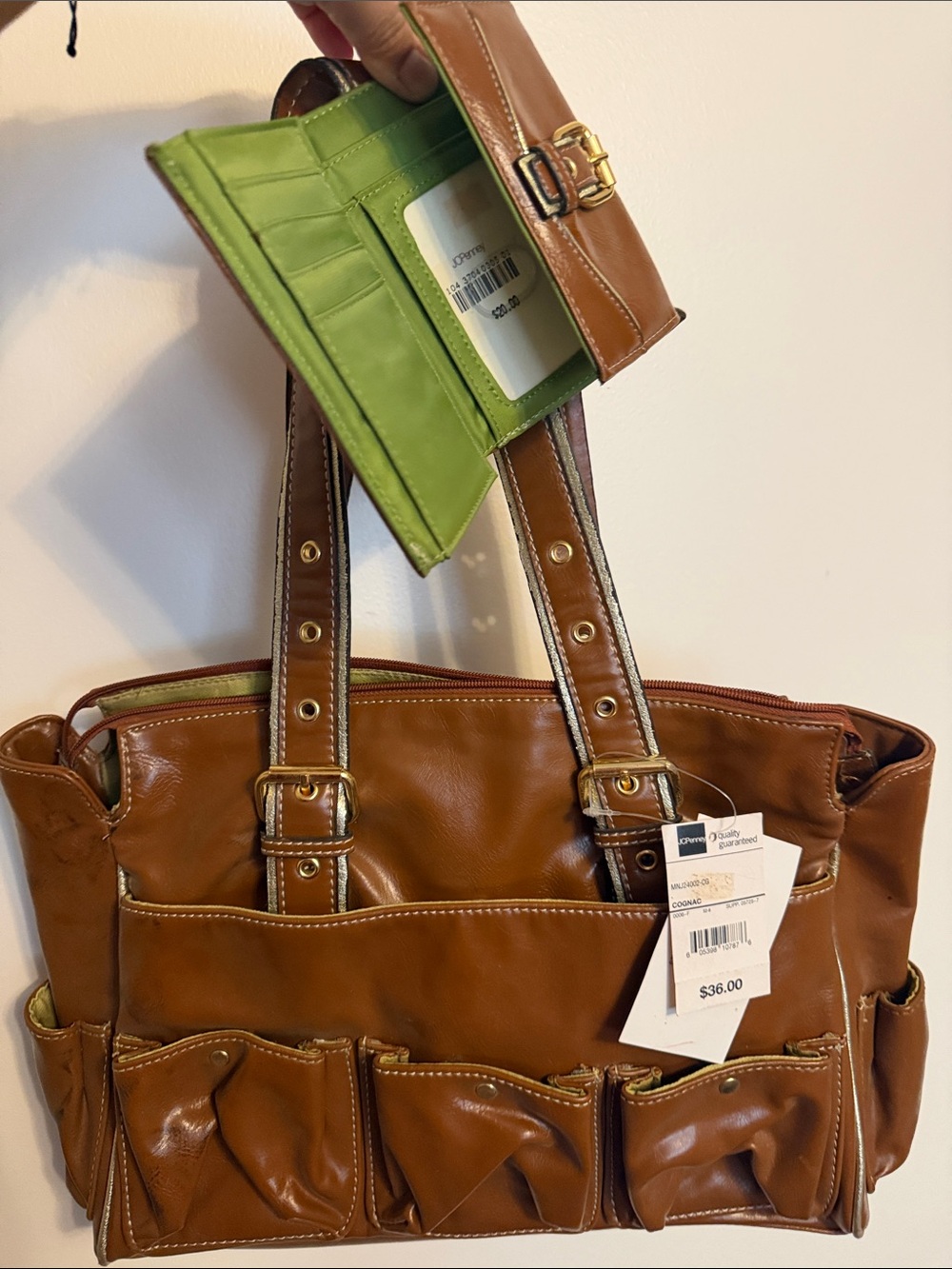 Mondani Tan Leather Tote with Green Card Wallet